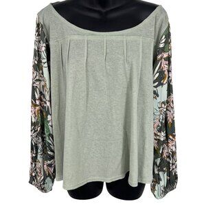 Free People Green Picking Petals Floral Long Sleeve Blouse Women Small S New